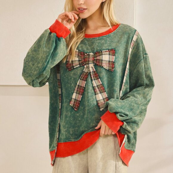78. Med, Large - Oversized Merry Mineral-Wash Bow Pullover Soft Sweatshirt NEW - Picture 5 of 10